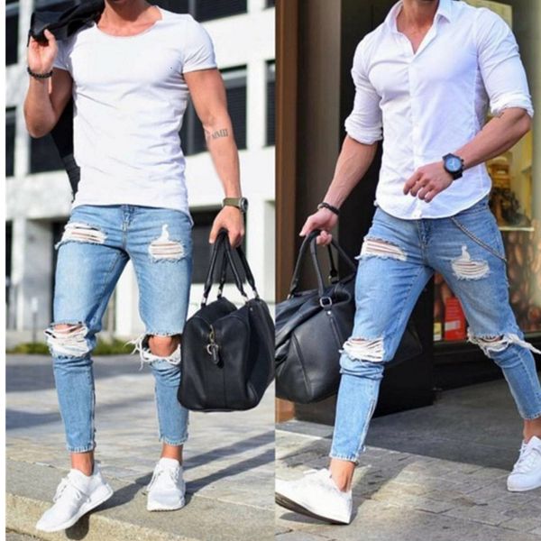 

europe america men's ripped cool stree style fashion denim slim frayed casual trousers biker jeans, Blue