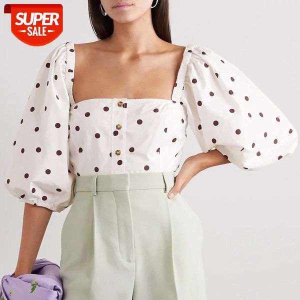 

polka dot backless white blouse women autumn half puff sleeve square collar button shirt 2020 casual vintage shirts #jd9e