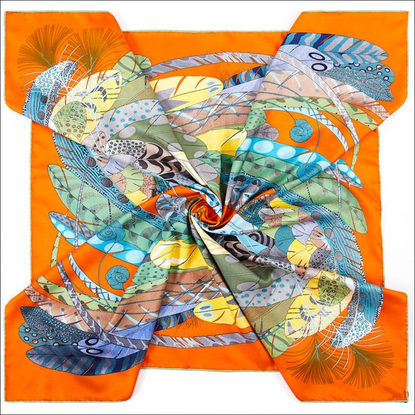 

square silk scarf double face 90 silk scarfs hand-rolled edge feather neck foulard satin headband bandana, Blue;gray