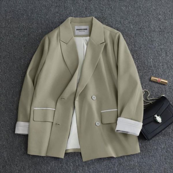 

peonfly new 2021 office ladies blazers women spring autumn long sleeve coats female double breasted solid jacket women pockets, White;black