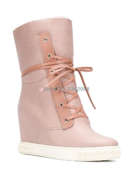 

pink black round toe height increasing fur lace up boots brown gray turned over edge fur women winter ankle boots