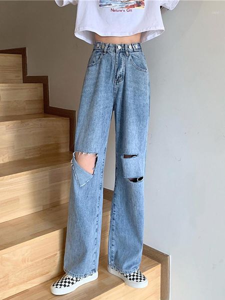 

2020 new style ripped jeans loose slim jeans high waist wide leg straight leg pants women cowboy trousers1, Blue