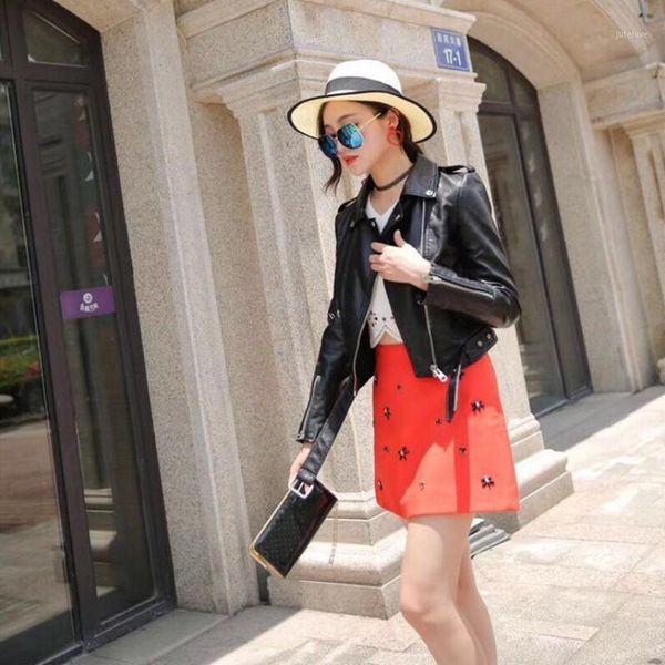

women spring autumn short pu casual slim fit faux patent leather coat zipper punk outwear female biker jacket1, Black