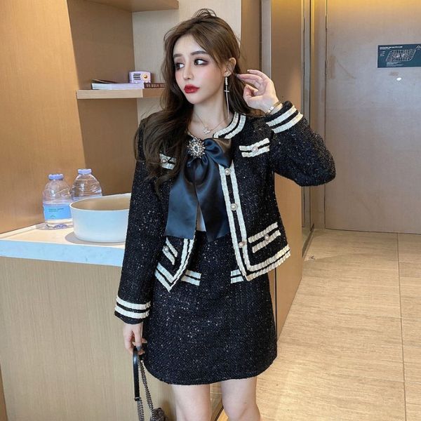 

autumn 2020 new long sleeve bow hair coat + skirt two piece fashion suit for women