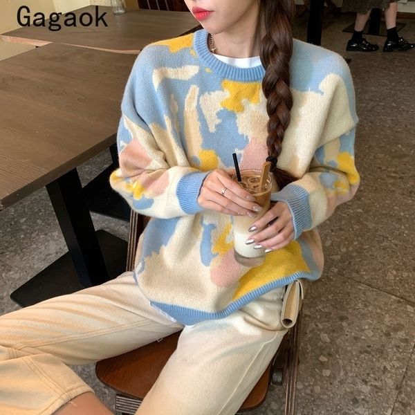 

gagaok women knitted cute fashion loose sweater spring autumn v-neck lantern sleeve embroidery floral harajuku female cardigan 201119, White;black