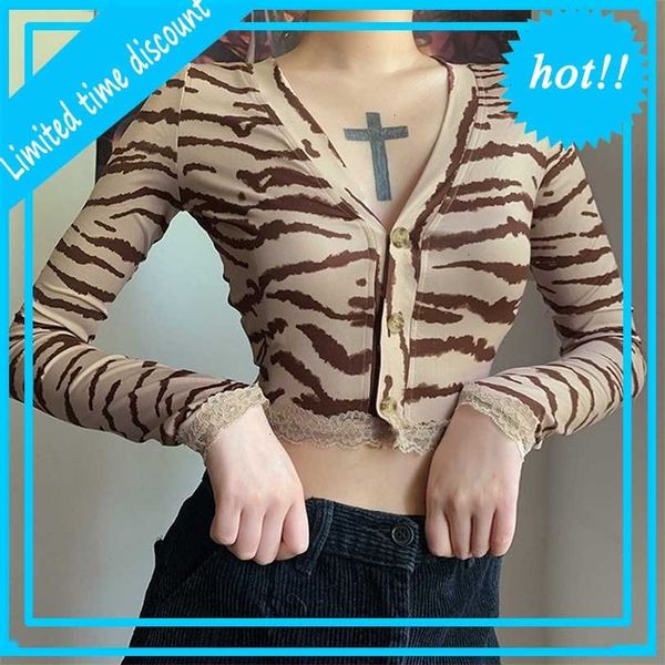 

women's 2021 wind autumn winter new lace slim tiger v-neck cardigan t-shirt for women, White