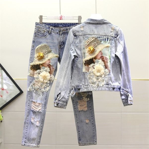 Giacca di jeans stile europeo Moda donna ricamo pesante in rilievo paillettes fiore ricamato acqua di lavaggio jeans cappotto 201112