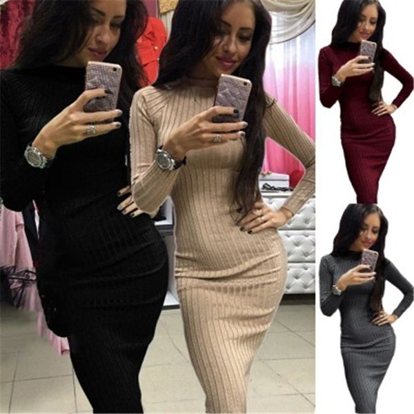 

ladies buttocks dress fashion trend long sleeve high neck knitting long skirt designer female autumn new casual high waist slim dress, Black;gray