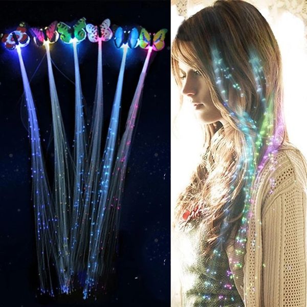 Flash levou luz de cabelo emitindo fibra óptica trança trança borboleta borboleta luminosa cabelo peruca ktv festa de formatura suprimentos acessórios acessórios cocar