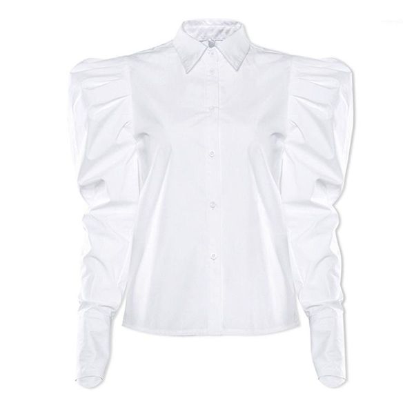 

2020 new puff lantern sleeve white fashion for turn down collar slim blouse women cotton shirt1