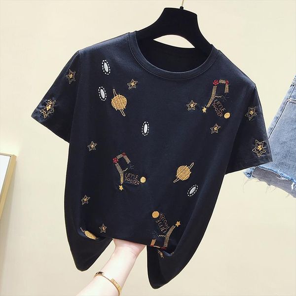 

корея белая майка одежда женщин лето коротким рукавом вышивка vintage tshirt женский tops casual black tee shirt 2020, White