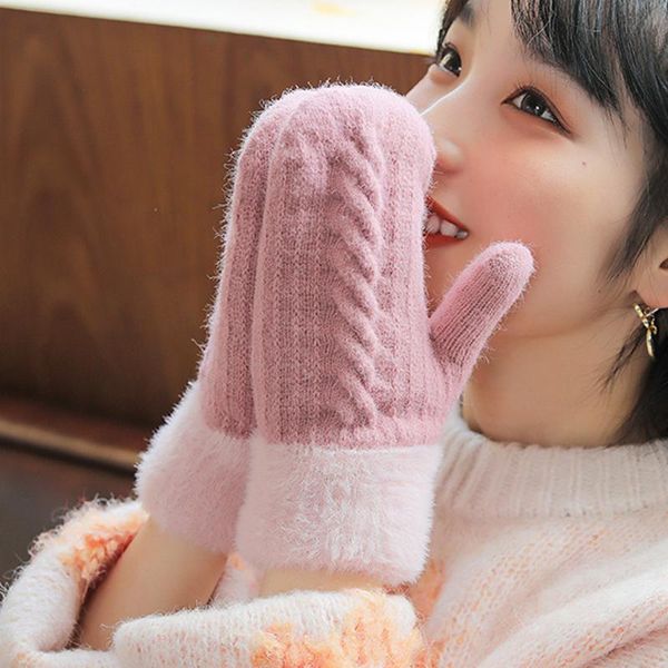 

winter double-layer velvet gloves women knitting plush all fingers mittens korean girls solid color warm soft thicken gloves, Blue;gray
