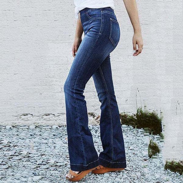 

women's jeans ladies slim mom stretch high waist small dark blue flared pants for women fashion long1