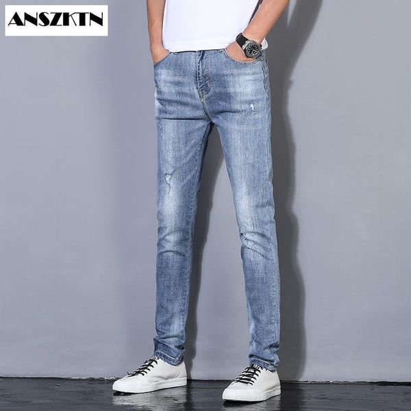 

anszkin new arrivals men's sweatpants hole jeans pants casual summer autumn male ripped skinny trousers, Blue