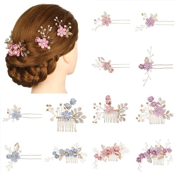 

hair clips & barrettes luxury blue pink flower combs headdress prom bridal wedding accessories gold color leaves jewelry pins, Golden;silver