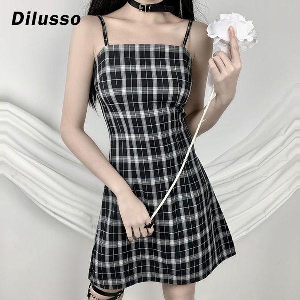 

casual dresses gothic plaid mini dress women high waist sleeveless strap female elegant goth punk short party vestidos#d3, Black;gray