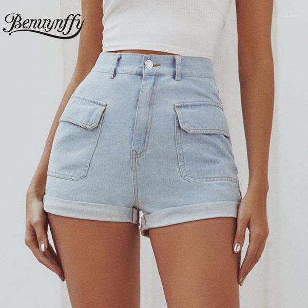 

benuynffy crimping washed denim shorts women summer casual retro jean shorts matching ladies pockets high waist jeans1, White;black