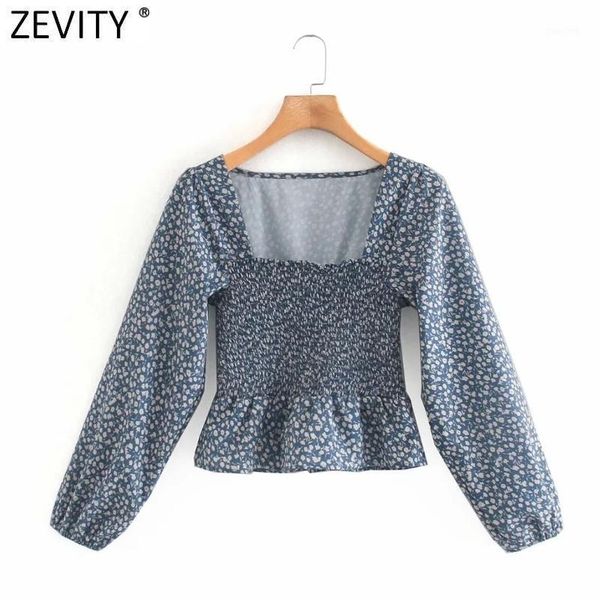 

zevity women vintage square collar flower print casual smock blouse lady long sleeve elastic slim shirts chic blusas ls71621, White