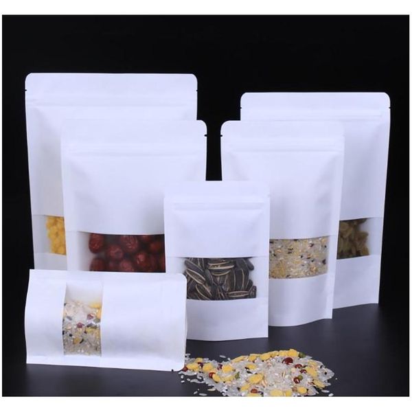 

white kraft paper mylar self-styled doypack bags with clear window food tea snack package storage bag stand up packaging zipper bh2194 xqil