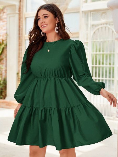 

plus solid lantern sleeve ruffle hem dress j63y#, Black