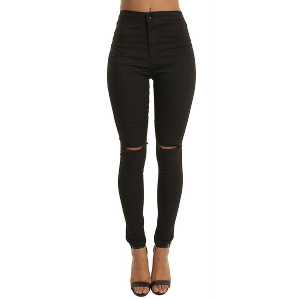 

women high waist casual skinny jeans hole girls slim knee ripped denim pencil pants elasticity black blue trousers
