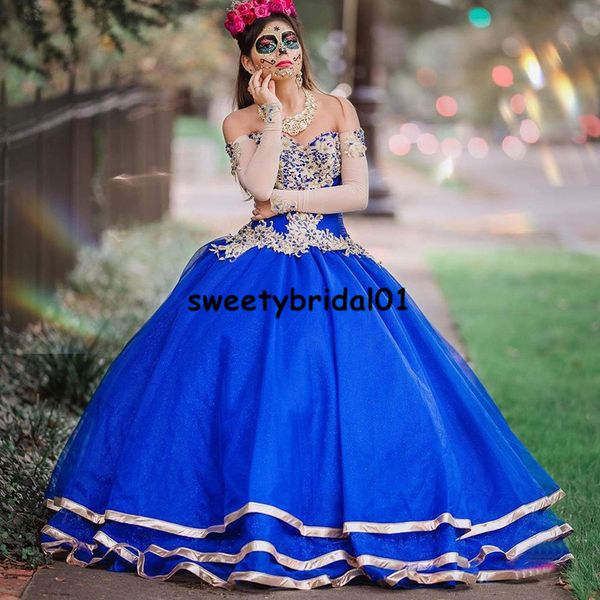 Royal Blue Doce 15 Vestido de festa de aniversário Applique Espartilho Espartilho Vestido de baile de baile de baile de baile Quinceanera Vestidos de XV Anos