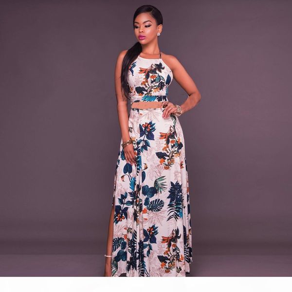 

women fashion elegant backless two piece set evening party dress summer floral print crop and long skirt set, Black;gray