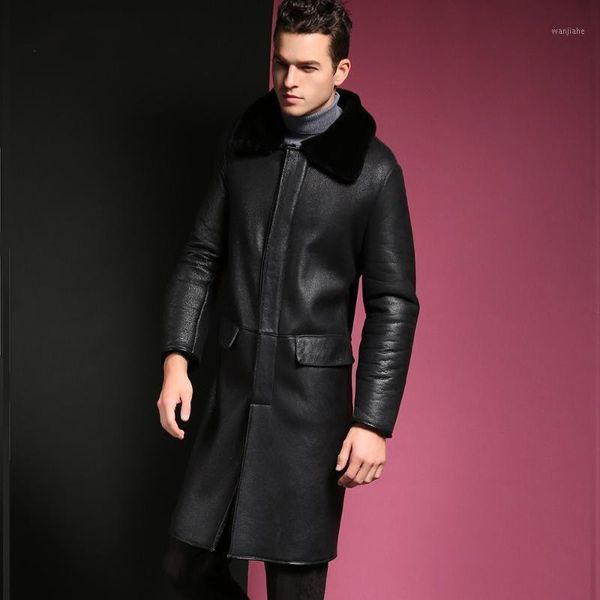 

real sheepskin fur shearling overcoat for man long slim genuine leather coat smart casual turn down collar clothes1, Black