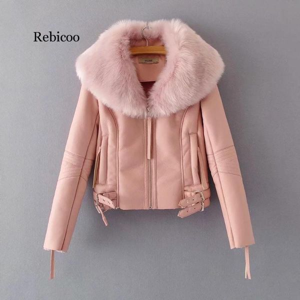 

women winter faux sheepskin coat short faux lambs wool fur collar leather jacket warm thick female zipper outerwear, Black