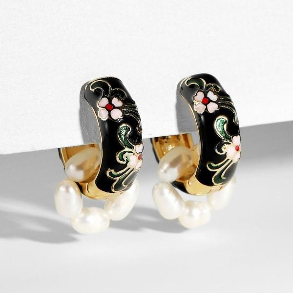 

ethnic handmade enameling flower pattern simulated pearl hoop earrings for women girls fashion jewelry1, Golden;silver