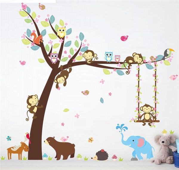 

cartoon animals tree wall stickers for kids room decor nursery monkey elephant owlets safari mural art diy c sqcsaq new_dhbest