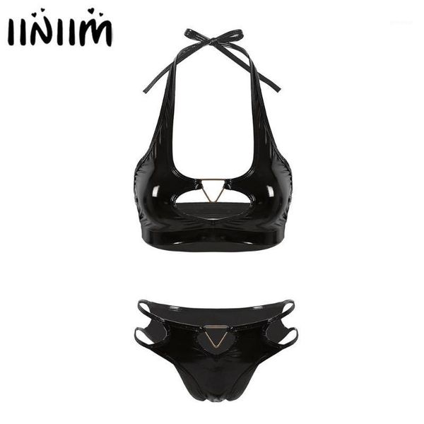 

womens wetlook pole leather anime costumes ladies lingerie set cutout backless crop with panties briefs for clubwear1, Gray