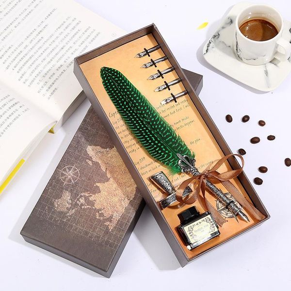 

fountain pens creative feather pen personality metal vintage calligraphy dip quill 5 nib gift box set office business gifts1