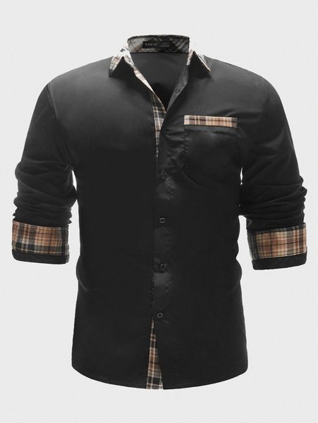 

men contrast plaid panel patch pocket shirt f86w#, White;black
