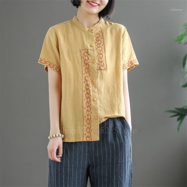 

woman retro chinese shirt casual short sleeve traditional linen cotton national style stand collar blouse loose summer 1, Red