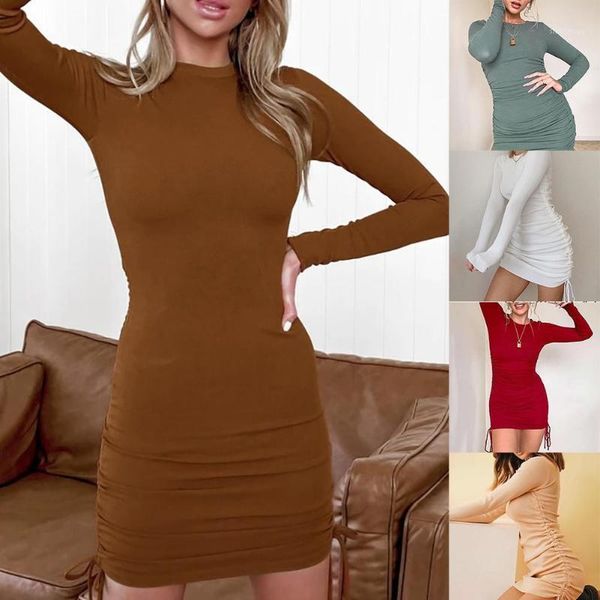 

long sleeve woman dress solid color o neck mini straight dress for women drawstring ruched bodycon mini vestido femme1, Black;gray