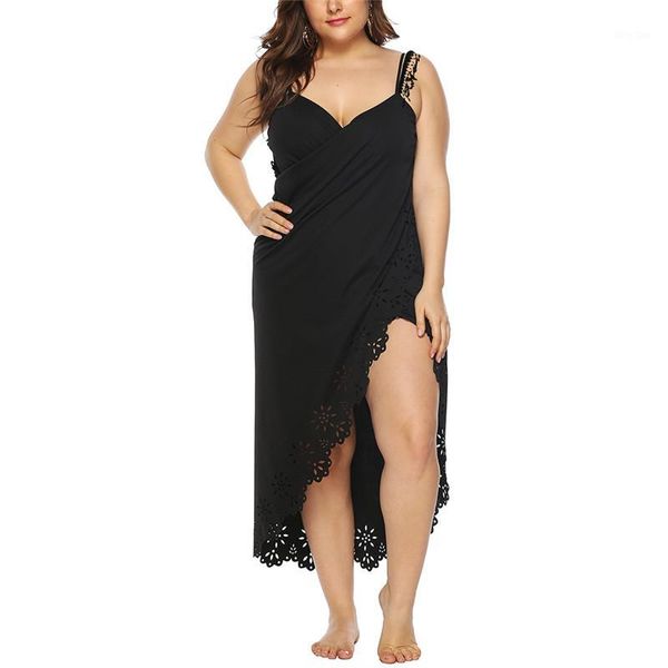 

fashion retro flowers hollow tassel stitching simple and comfortable sling irregular type large size beach dress1, Black;gray