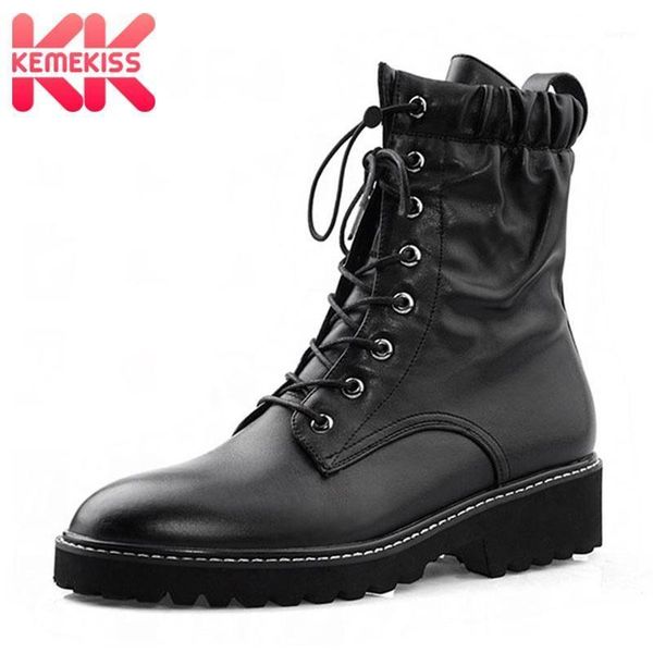

boots kemekiss real leather women ankle solid color thick heel shoes winter lacing non-slip female footwear size 34-421, Black