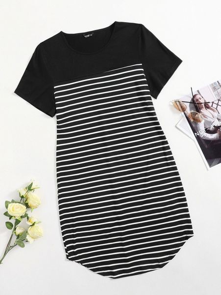 

plus striped curved hem tee dress y9sj#, Black