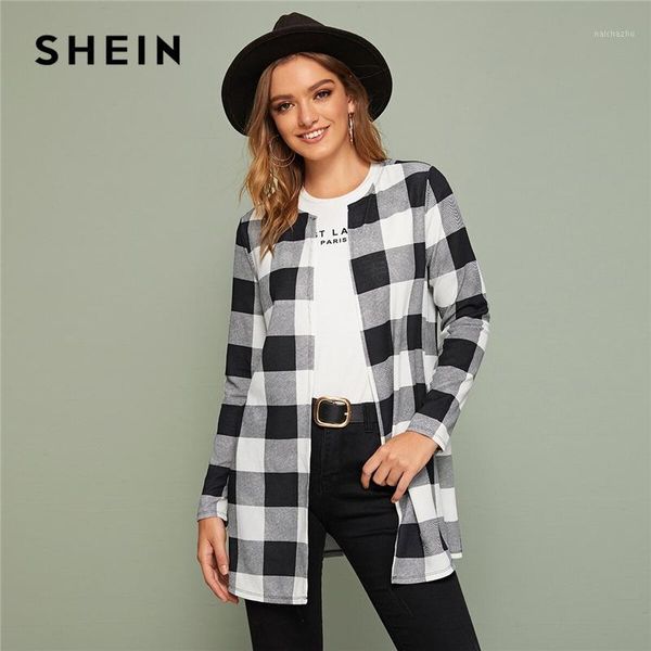 

shein multicolor plaid print open front casual coat women outwear spring long sleeve o-neck office ladies basic long coats1, Black;brown