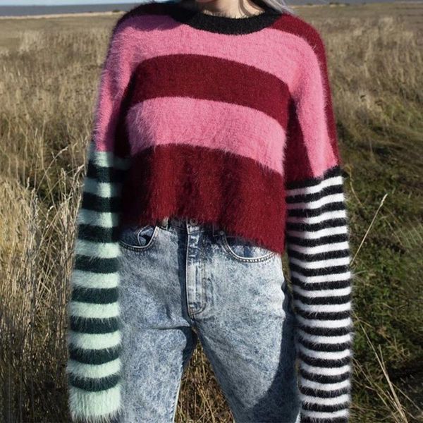 

women's sweaters stripe colorblock knitted long sleeve autumn women preppy style jumpers korean fashion crop knitwear, White;black