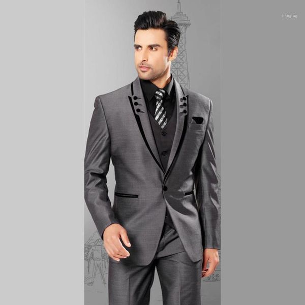 

wholesale- 2017 men suits slim fit peaked lapel tuxedos grey wedding suits with black lapel for men groomsmen suits one button 3 piece suit1, White;black