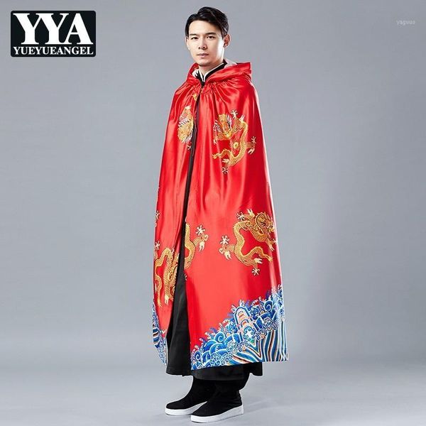 

2019 new chinese style dragon robe long jackets loose fit fashion runway printing hooded men coats spring vintage windbreaker1, Black;brown