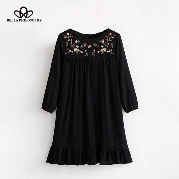 

bella philosophy 2020 winter women loose dress female three quarter above knee dress embroidery black cotton female1, Black;gray