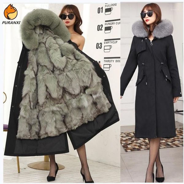 

real fur parka women jacket natural fur coat real collar thick warm detachable long winter outerwear, Black