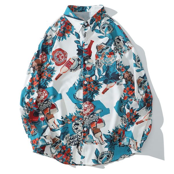 

2021 new floral red wine graffiti hip hop hawaiian beach autumn harajuku streetwear vintage long sleeve shirt men cotton loose p3xd, White