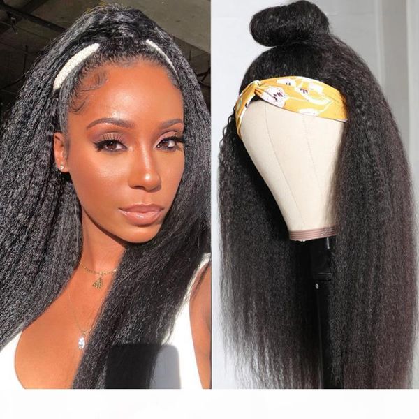 

kinky straight human hair wig with headband 150% full machine half wig brazilian headband remy human hair 8-26 inch, Black;brown