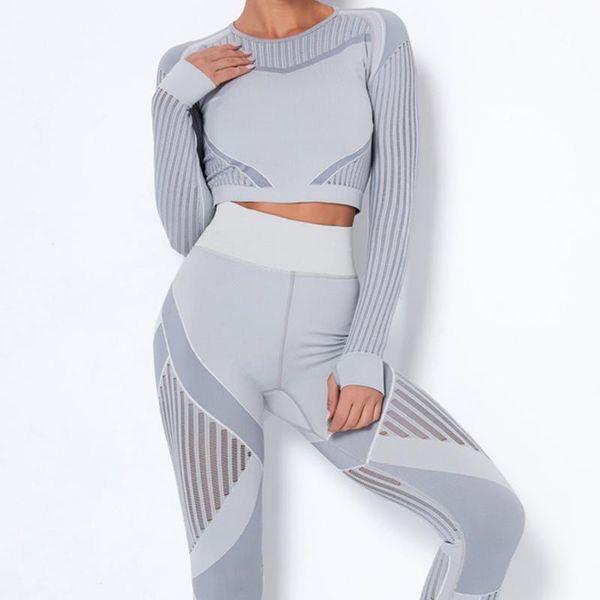 

yoga outfits 2pcs set seamless fitness crop women gym clothing long sleeve tights high waist pants workout sportwear running suit, White;red