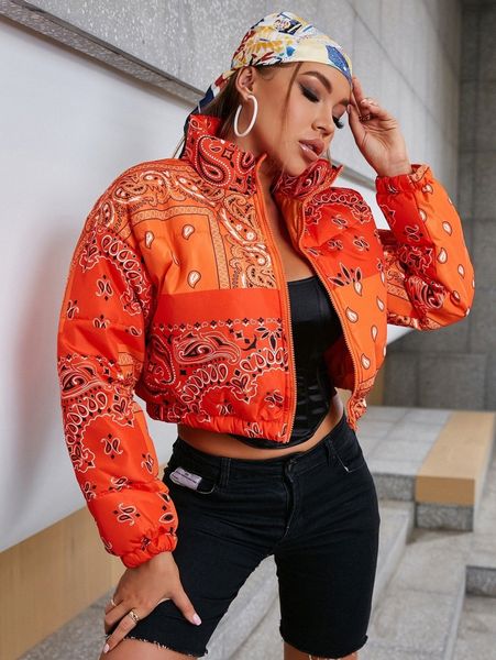 

glamaker paisley print color block zip up padded coat t83i#, Black