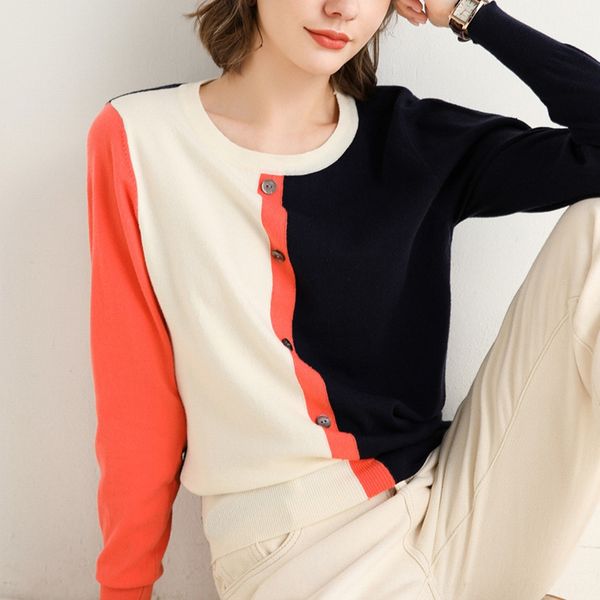 

autumn 2020 new style stitching sweater women's coat sweater -neck bottoming fashion slim color contrast knitting fake cardigan, White;black